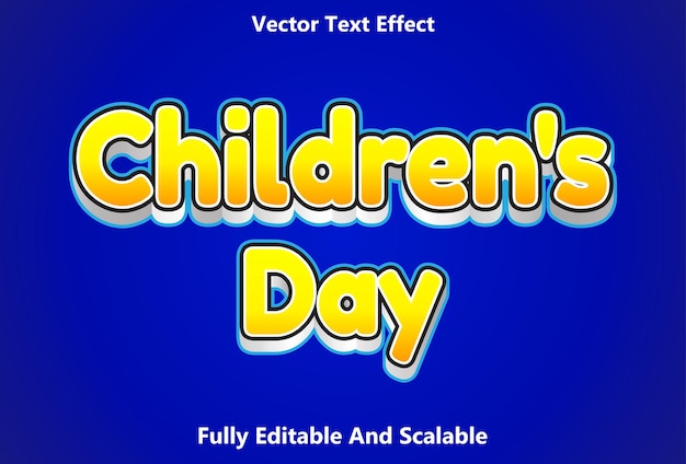 Vector efecto de texto del día de los niños con efectos de texto editables en color azul y amarillo para plantillas