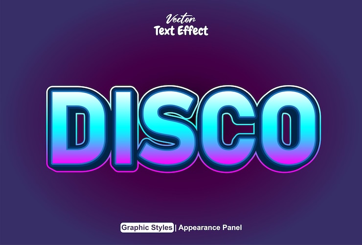 Vector efecto de texto disco con estilo gráfico en azul y editable