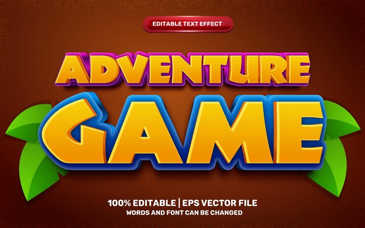 Vector efecto de texto editable 3d de estilo cómico de dibujos animados de juego de aventuras