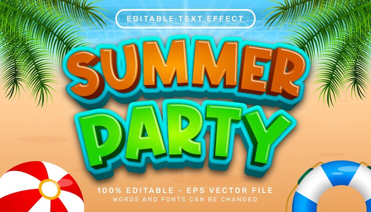 Vector efecto de texto editable 3d de fiesta de verano y fondo de paisaje de mar