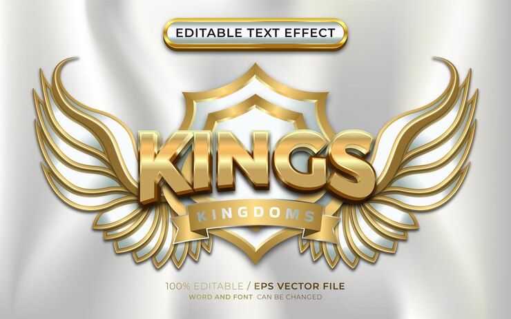 Vector efecto de texto editable 3d kings gold con emblema alado