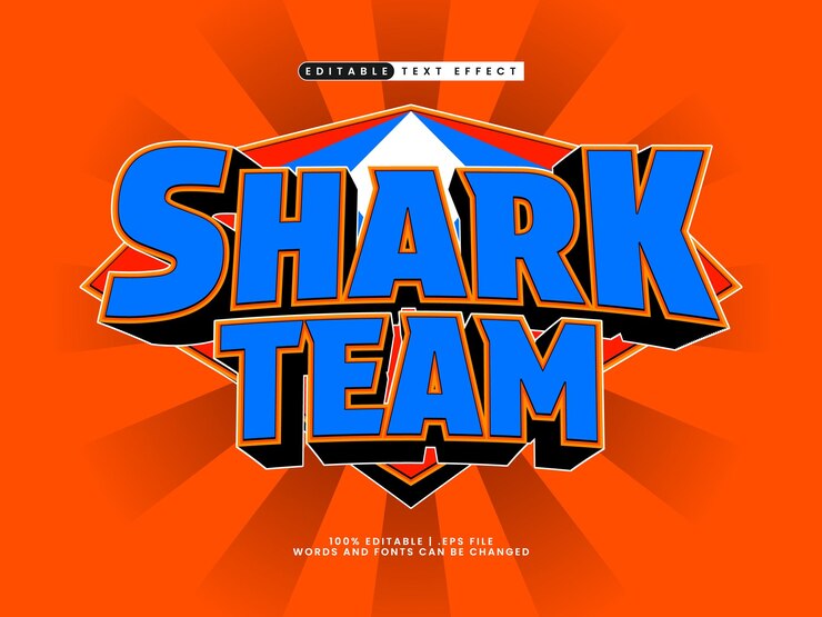 Vector efecto de texto editable en 3d con logotipo de esports estilo equipo de tiburones