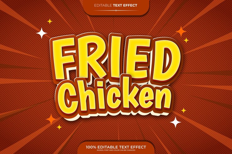 Vector efecto de texto editable 3d de pollo frito. concepto de compras en línea. fondo de estilo cómico.