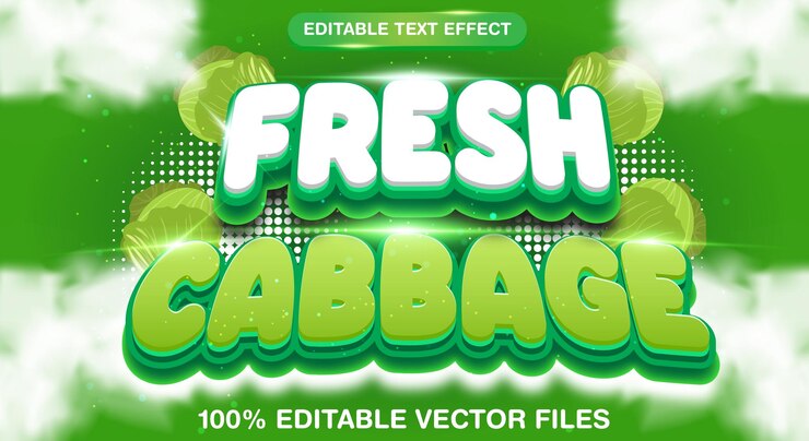 Vector efecto de texto editable en 3d de repollo fresco plantilla adecuada para temas de menús de alimentos dulces