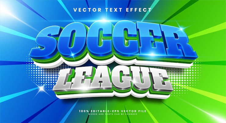 Vector efecto de texto editable en 3d de soocer league con color azul y plateado adecuado para temas deportivos