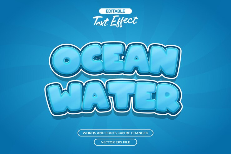 Vector efecto de texto editable del agua del océano con texto de estilo dibujos animados