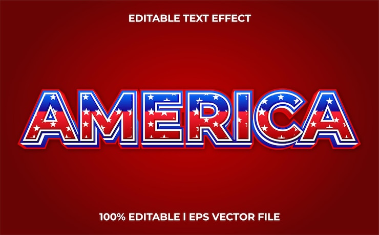 Vector efecto de texto editable de américa, estilo de fuente de tipografía de letras, texto 3d de bandera americana para título