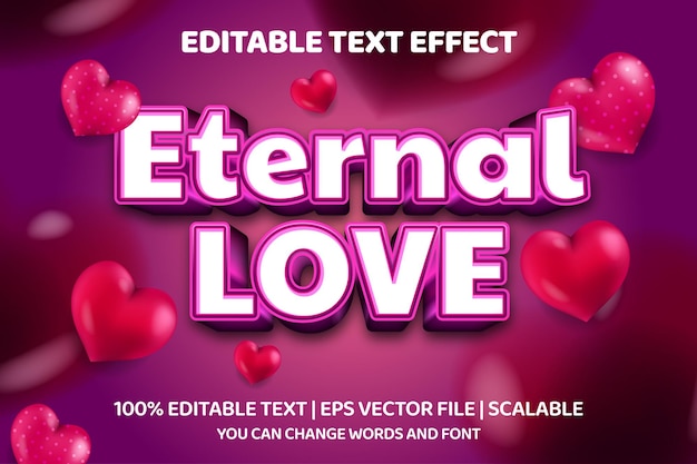 Vector efecto de texto editable de amor eterno con elemento de corazón 3d