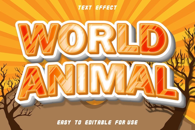 Efecto de texto editable de animales del mundo en relieve en estilo cómico