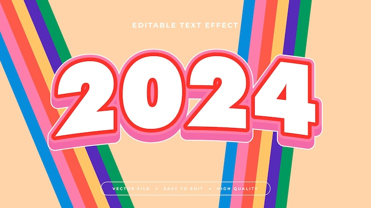 Vector efecto de texto editable arco iris 2024 fondo naranja