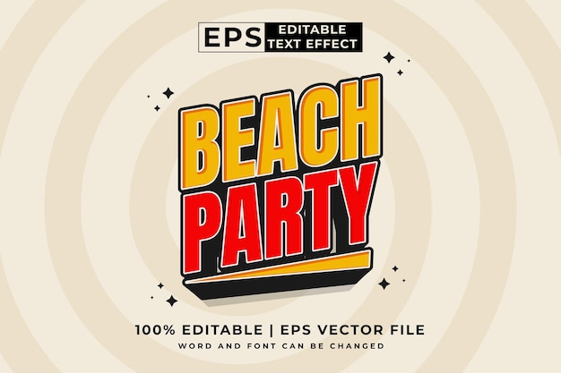 Efecto de texto editable Beach Party 3d Cartoon plantilla estilo premium vector