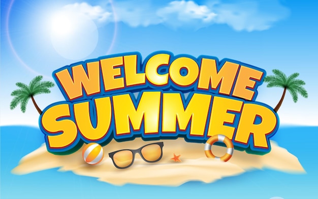 Efecto de texto editable bienvenido Verano ilustraciones de estilo 3d