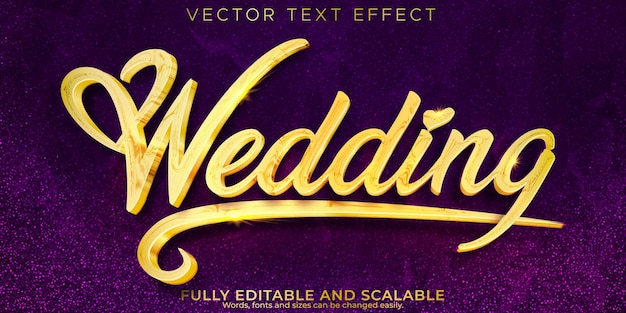 Vector efecto de texto editable boda, lujo 3d y estilo de fuente de matrimonio