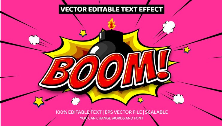 Vector efecto de texto editable boom estilo cómico de dibujos animados en 3d