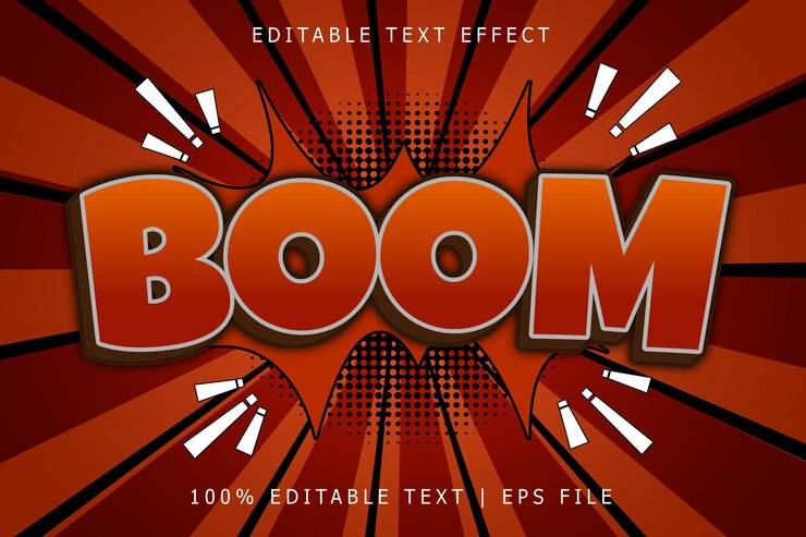 Vector efecto de texto editable boom estilo de dibujos animados en relieve de 3 dimensiones