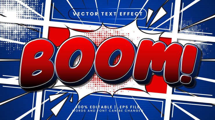 Vector efecto de texto editable boom con estilo de texto cómico y de dibujos animados
