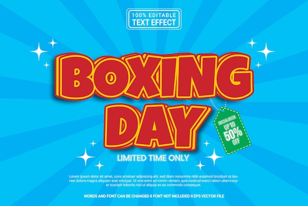 Efecto de texto editable Boxing Day 3d plantilla de dibujos animados estilo vector premium moderno