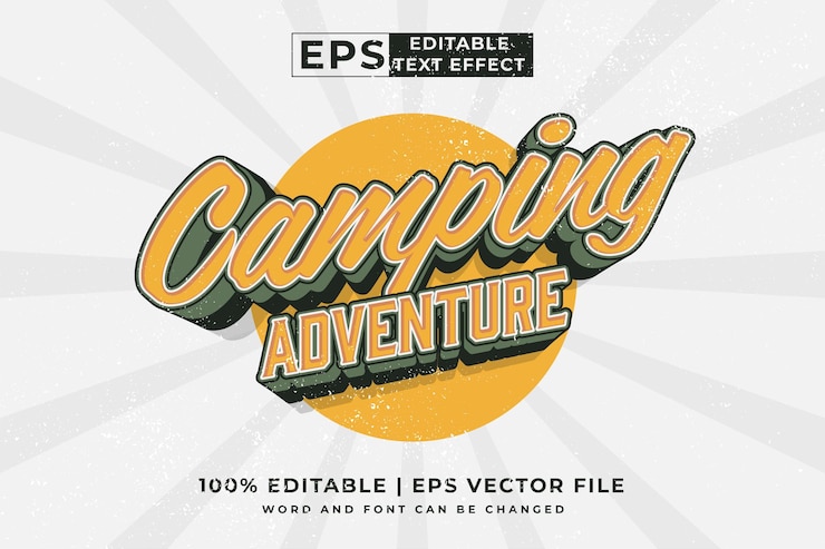 Vector efecto de texto editable camping adventure 3d vector premium de estilo de plantilla vintage