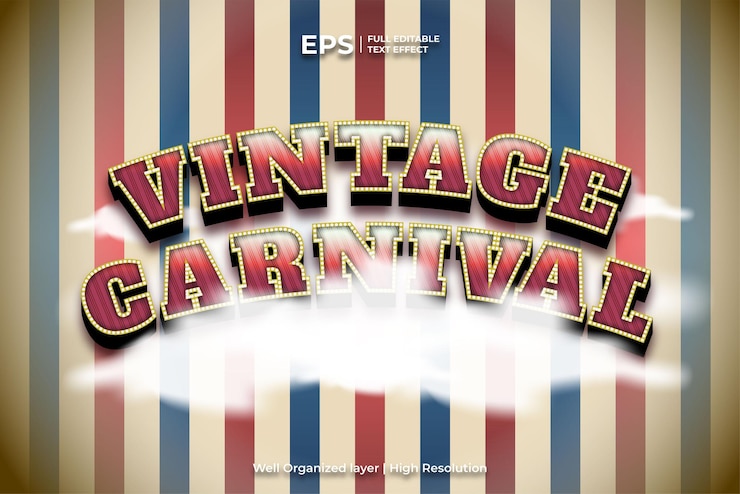 Vector efecto de texto editable de carnaval vintage 3d en estilo retro