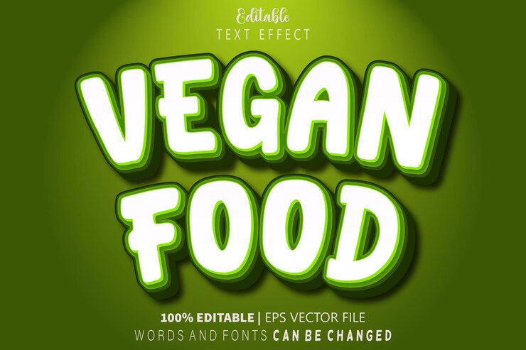 Vector efecto de texto editable de comida vegana en relieve estilo de dibujos animados