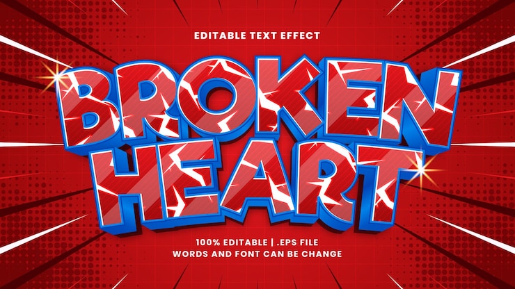 Vector efecto de texto editable de corazón roto en estilo de texto crack y aterrador