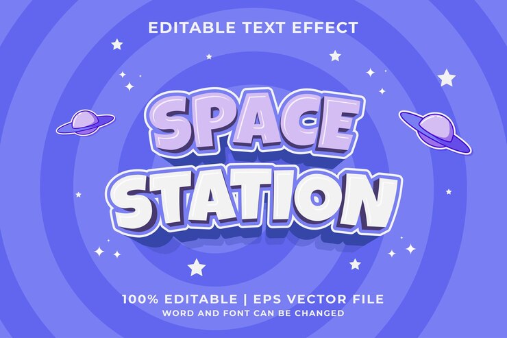 Vector efecto de texto editable de dibujos animados de la estación espacial 3d vector premium