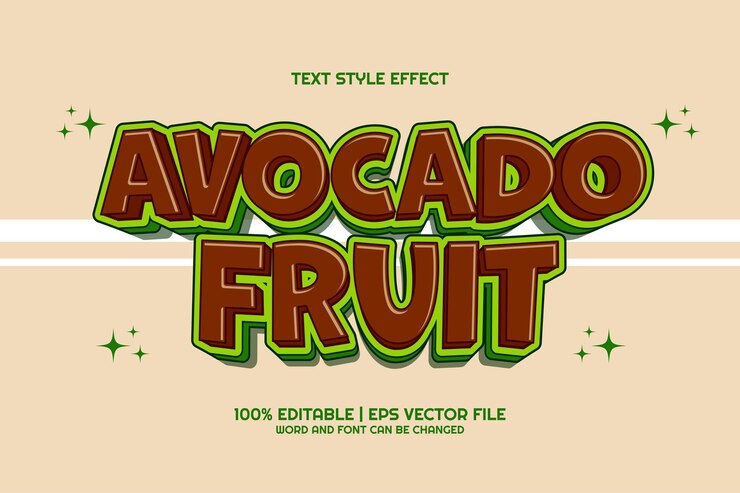 Vector efecto de texto editable para dibujos animados de fruta de aguacate 3d