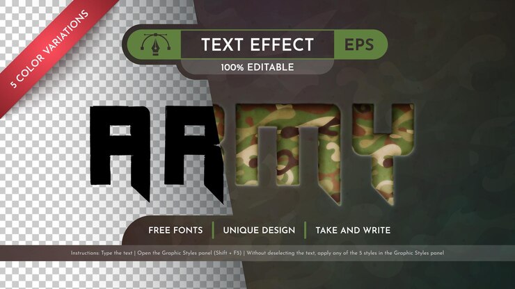 Vector efecto de texto editable del ejército estilo gráfico mockup vectorial y plantilla eslogan y marca de la compañía