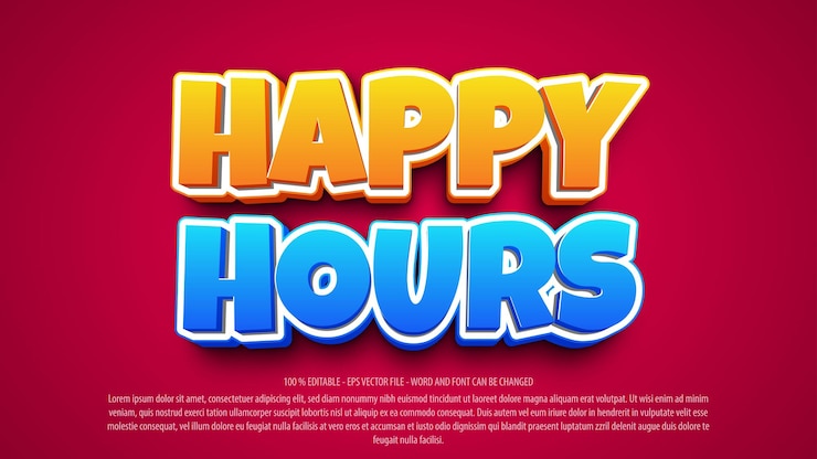 Vector efecto de texto editable de estilo de dibujos animados en 3d de happy hours