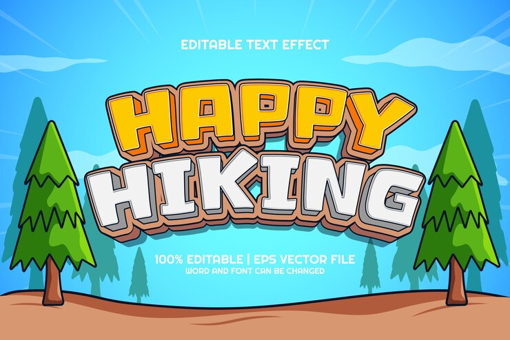 Vector efecto de texto editable estilo de dibujos animados happy hiking 3d