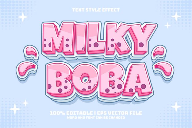 Efecto de texto editable de estilo de dibujos animados plano milky boba 3d