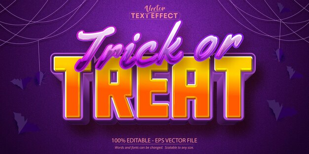 Vector efecto de texto editable de estilo de halloween de texto de truco o trato sobre fondo con textura púrpura