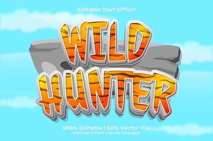 Vector efecto de texto editable estilo de juego de dibujos animados de cazador salvaje