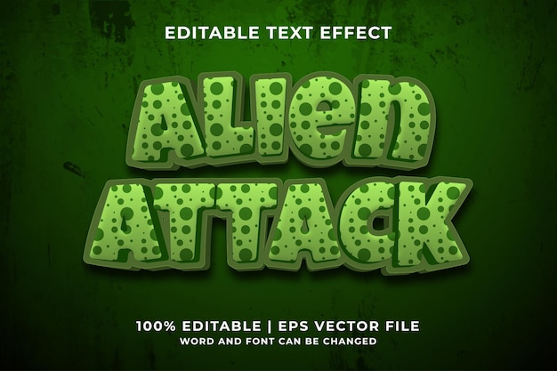 Efecto de texto editable: estilo de plantilla de dibujos animados de alien attack vector premium