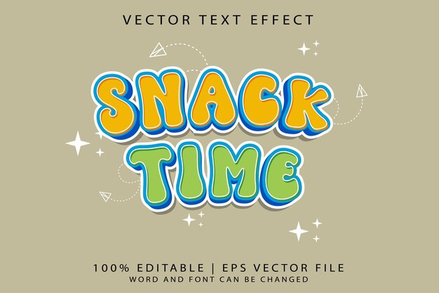 Efecto de texto editable estilo de plantilla de dibujos animados vectorial 3D premium de Snack Time