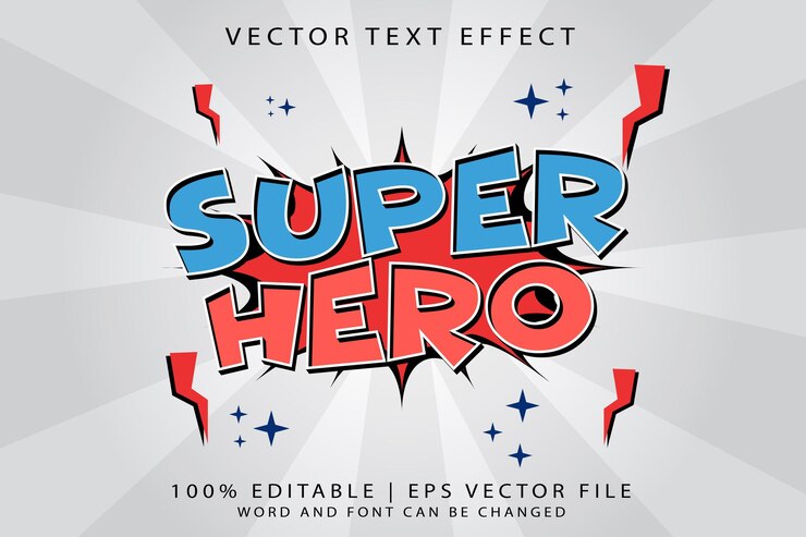 Vector efecto de texto editable estilo de plantilla de dibujos animados vectorial 3d premium de super hero comic