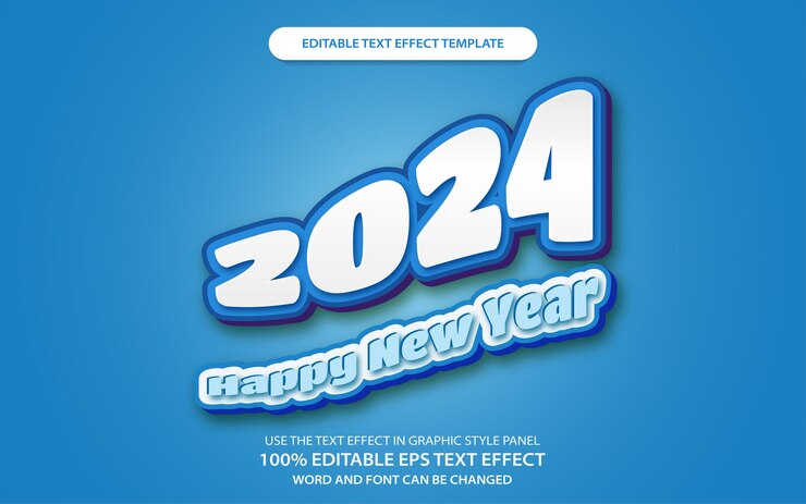 Efecto de texto editable feliz año nuevo 2024 estilo de texto color azul aguamarina