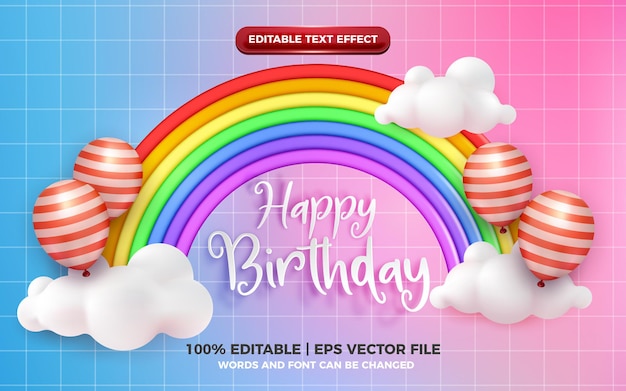 Efecto de texto editable de feliz cumpleaños con lindo estilo de dibujos animados de arco iris