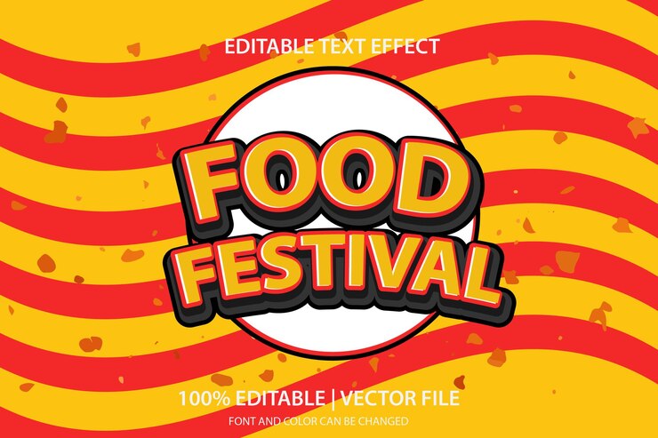 Efecto de texto editable Festival de comida 3d Estilo de dibujos animados tradicional para el logotipo del cartel del título del autobús de comida