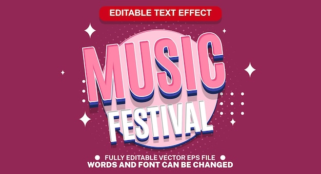 Efecto de texto editable festival de música vector de estilo de plantilla de dibujos animados en 3D