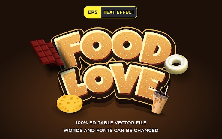 Vector efecto de texto editable food love 3d perfecto para la plantilla de elementos de diseño de alimentos de banner