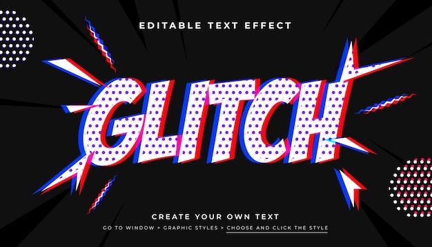 Efecto de texto editable Glitch Comic Halftone adecuado para el cartel del título del producto de promoción