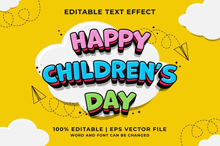 Vector efecto de texto editable happy children39s day traditional cartoon plantilla estilo premium vector