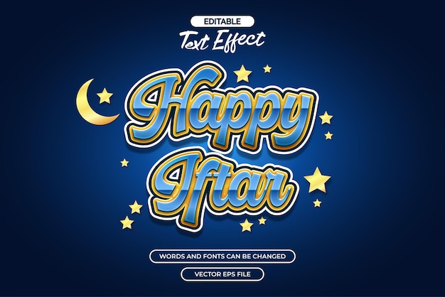 Efecto de texto editable de Happy Iftar con decoración de luna y estrellas y fondo azul