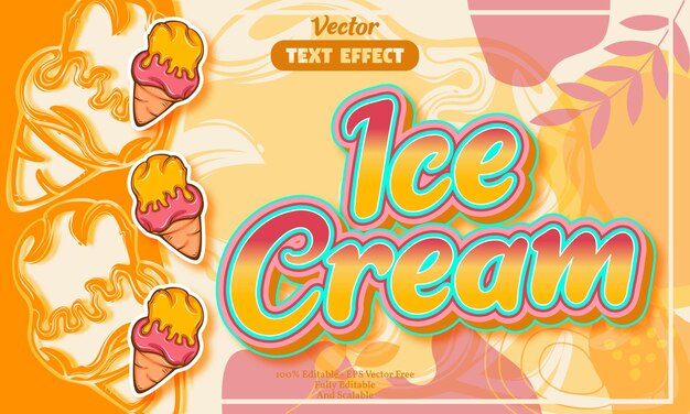 Efecto de texto editable de helado con patrón dibujado a mano de helado amarillo