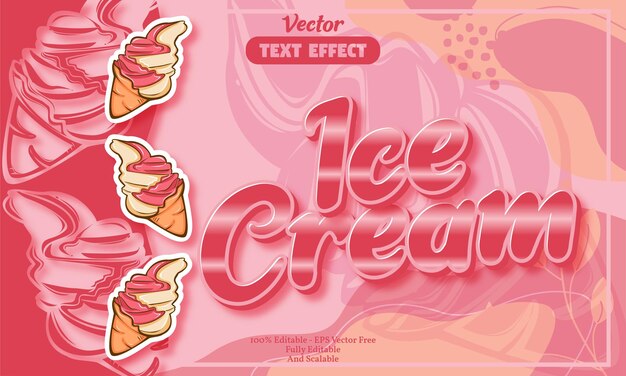 Vector efecto de texto editable de helado con patrón dibujado a mano de helado rosa