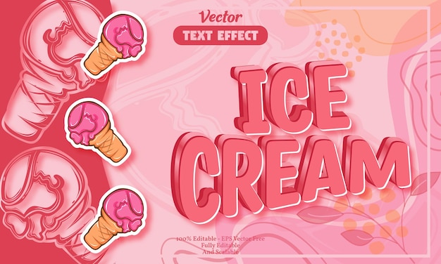Efecto de texto editable de helado con patrón dibujado a mano de helado rosa