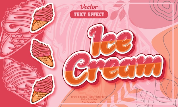 Efecto de texto editable de helado con patrón dibujado a mano de helado rosa