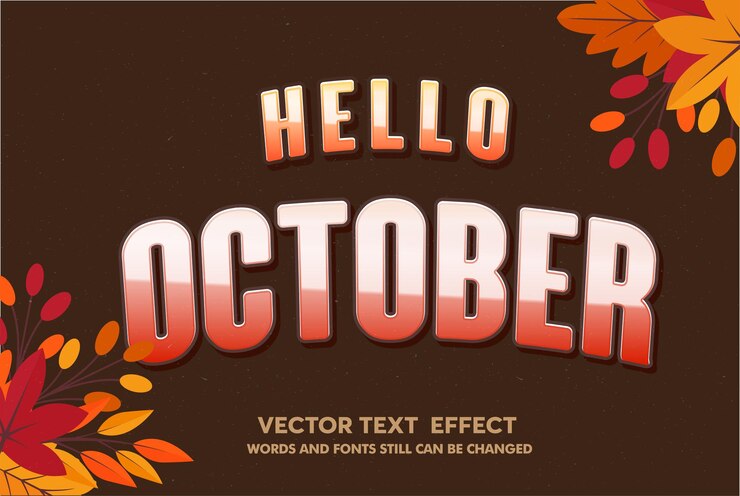 Vector efecto de texto editable hola octubre plantilla de dibujos animados 3d estilo vector premium
