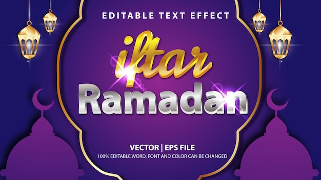 Vector efecto de texto editable iftar oro de ramadán y decoración árabe con concepto de fuente 3d